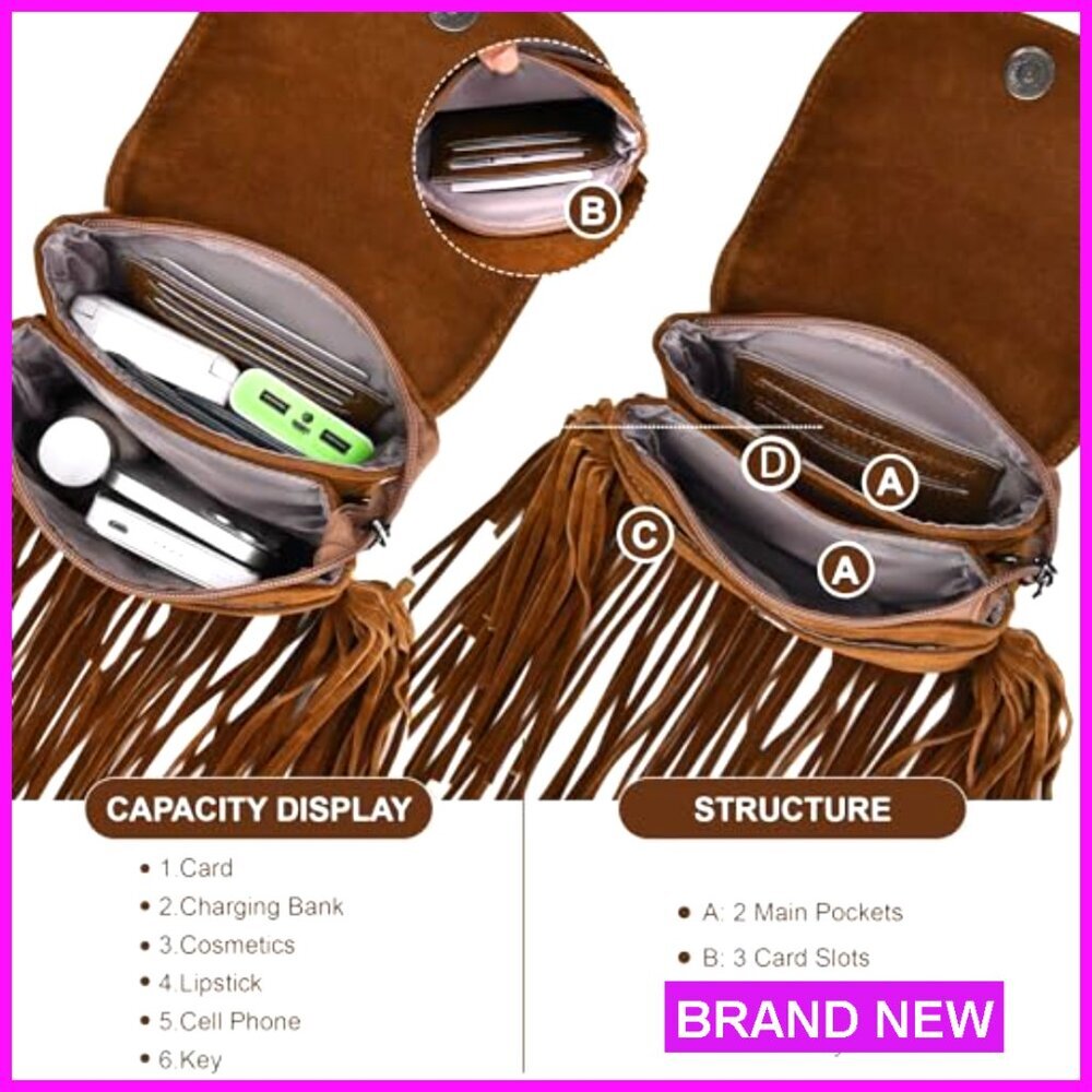 Trendy Vegan Suede Crossbody Bag with Fringe Tassels and Card Slots - Picture 3 of 7